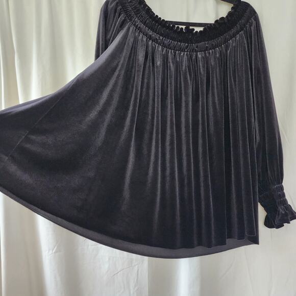 Norma Kamali Velvet Off-Shoulder Peasant Top, S Black slouchy oversized tunic - Picture 4 of 10